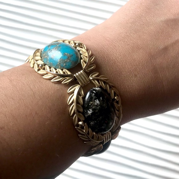 Vintage 60’s speckled cabochon laurel leaf linked bracelet - Picture 5 of 5